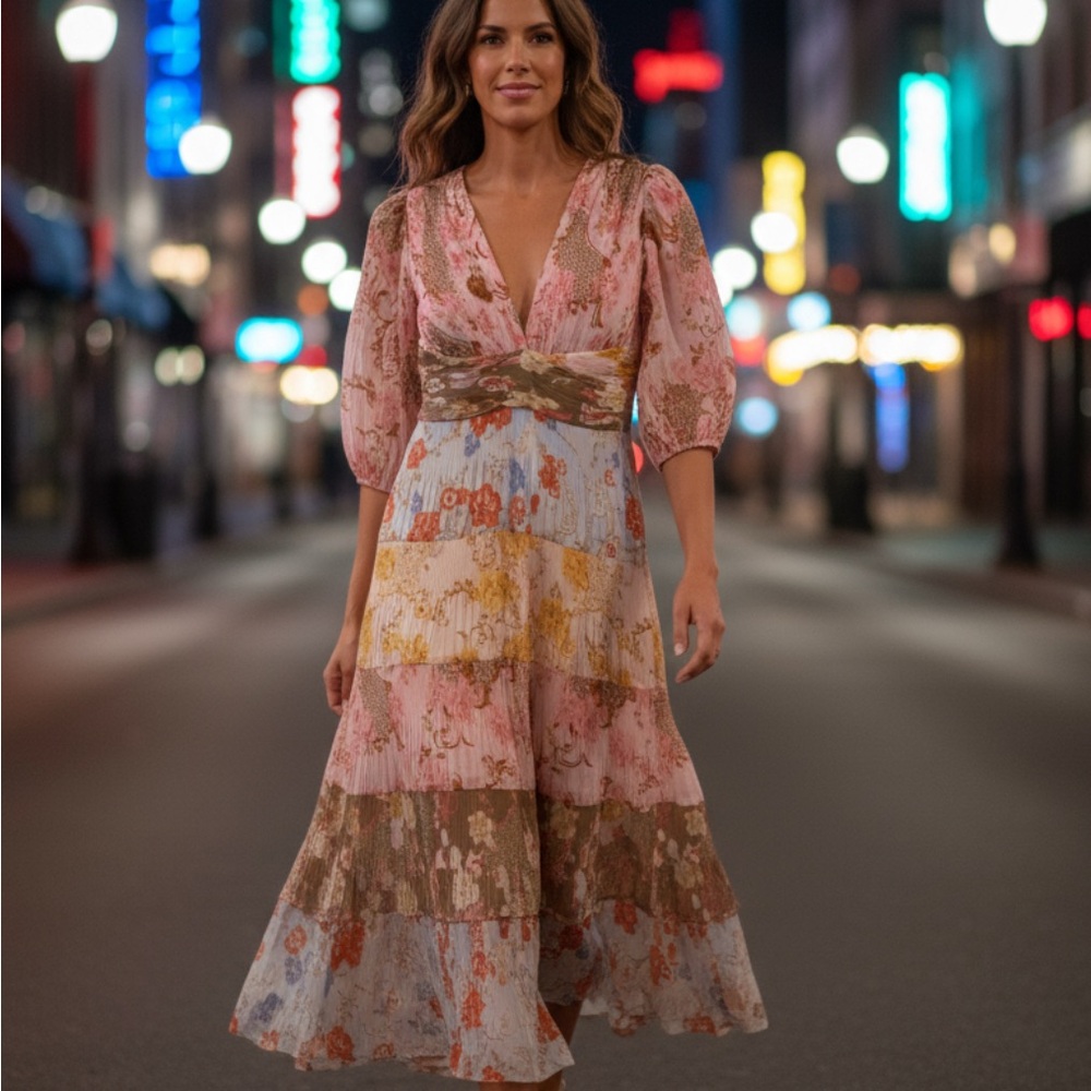 Elegant Floral Patchwork Midi Dress